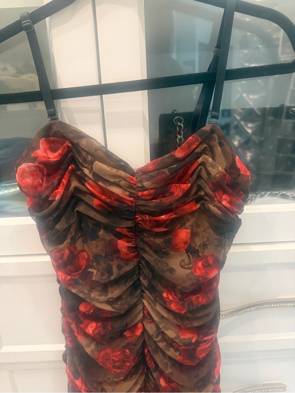 L'AGENCE Brown Slip Dress with Red Floral Print